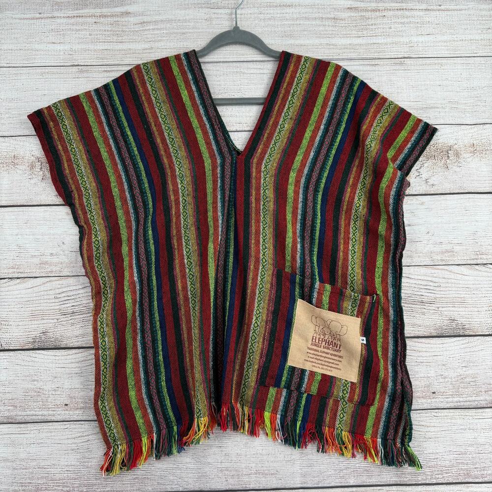 Elephant Jungle Sanctuary Woven BOHO Poncho Shirt Adult Small Striped Multicolor
